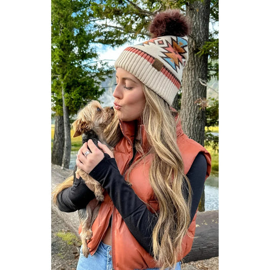 Southwestern Faux Fur Pom Beanie Beige