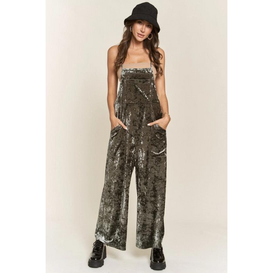 Velvet Dungaree Style Wide Leg Jumpsuit  Olive