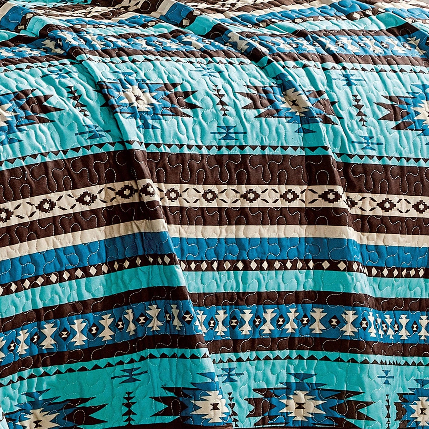 Southwestern Turquoise Tan Aztec Coverlet - 5 Piece Set