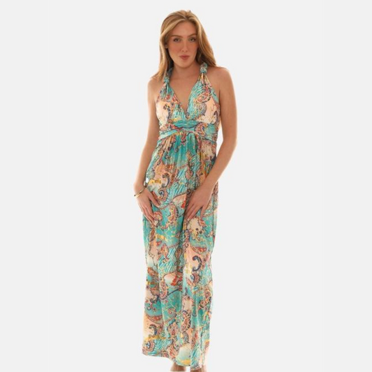 Abstract Gold Foil Halter Maxi Dress Mint