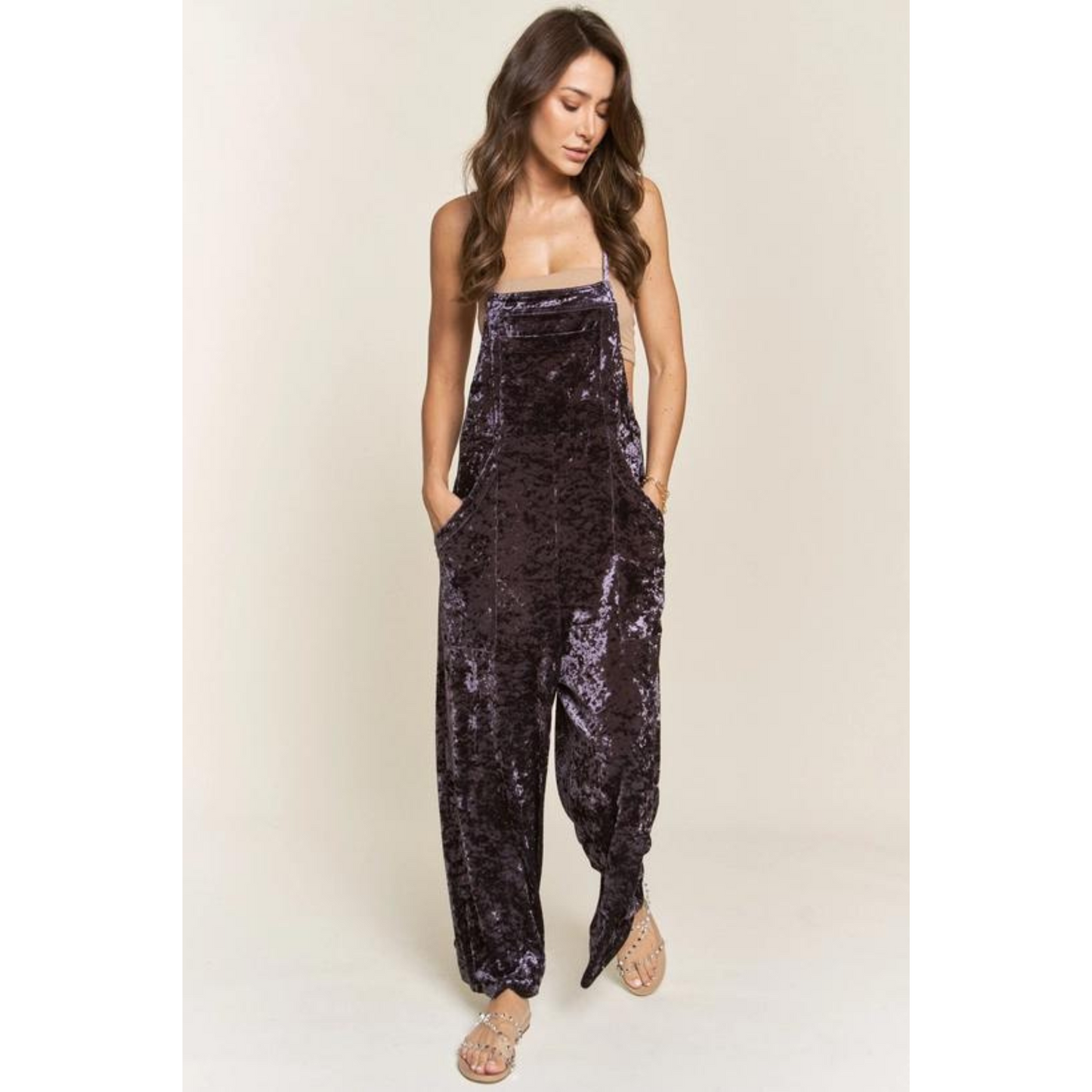 Velvet Dungaree Style Wide Leg Jumpsuit Plum