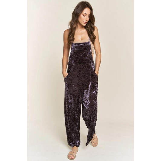 Velvet Dungaree Style Wide Leg Jumpsuit Plum