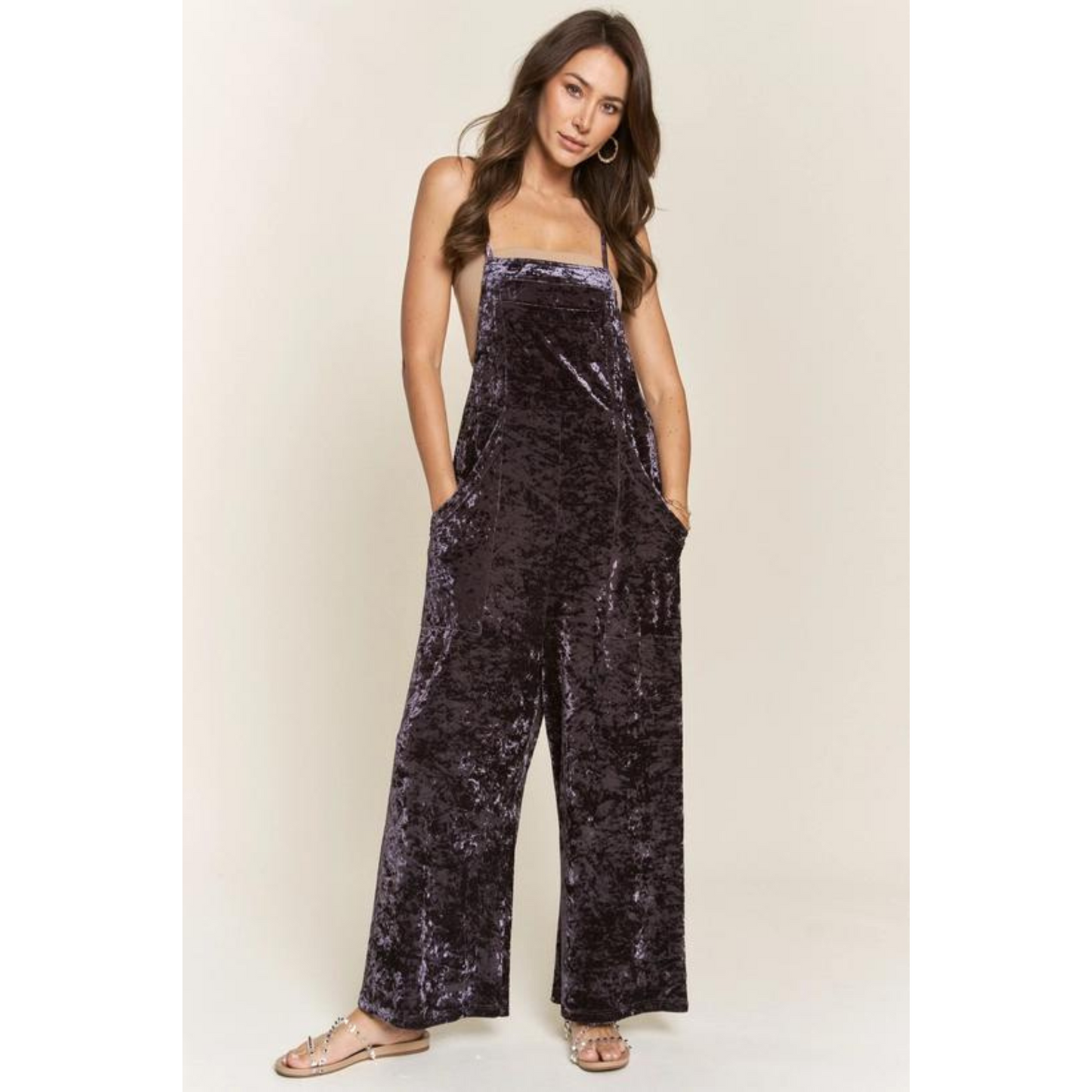 Velvet Dungaree Style Wide Leg Jumpsuit Plum