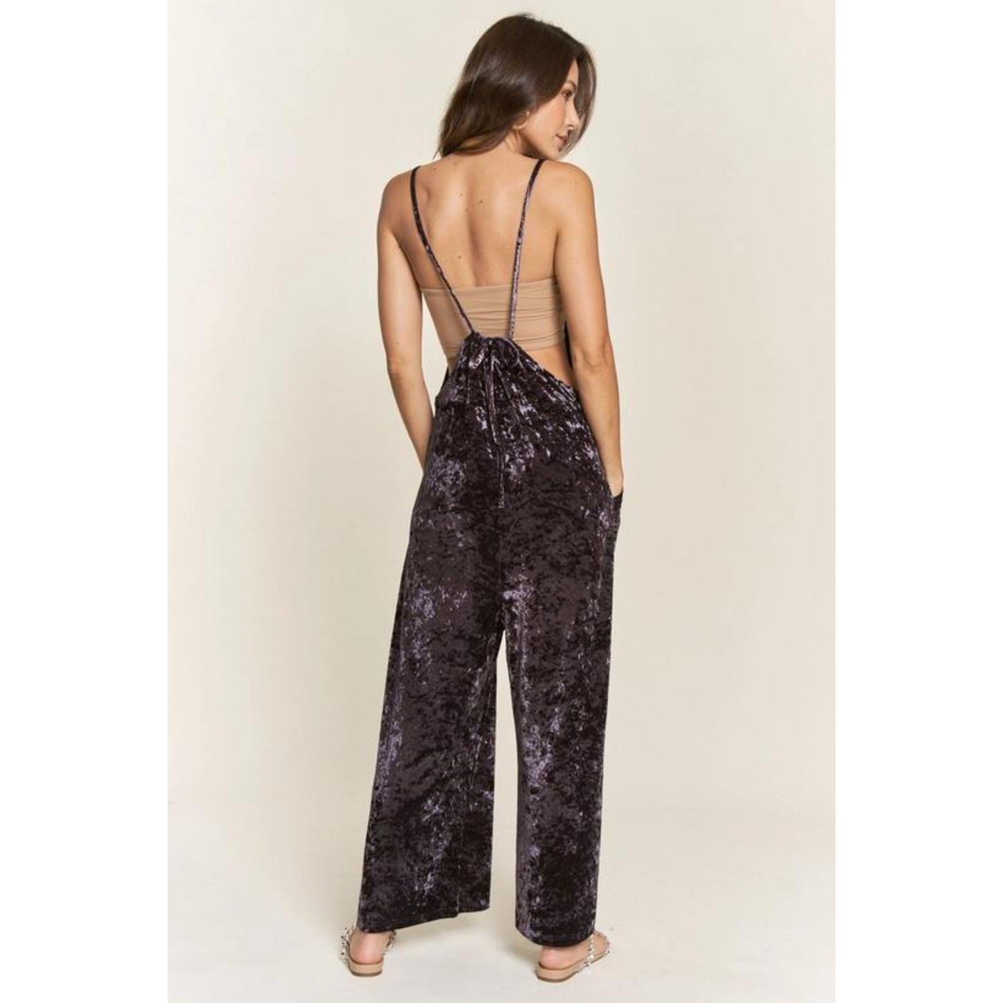 Velvet Dungaree Style Wide Leg Jumpsuit Plum