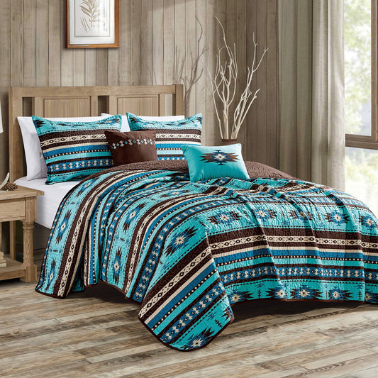 Southwestern Turquoise Tan Aztec Coverlet - 5 Piece Set